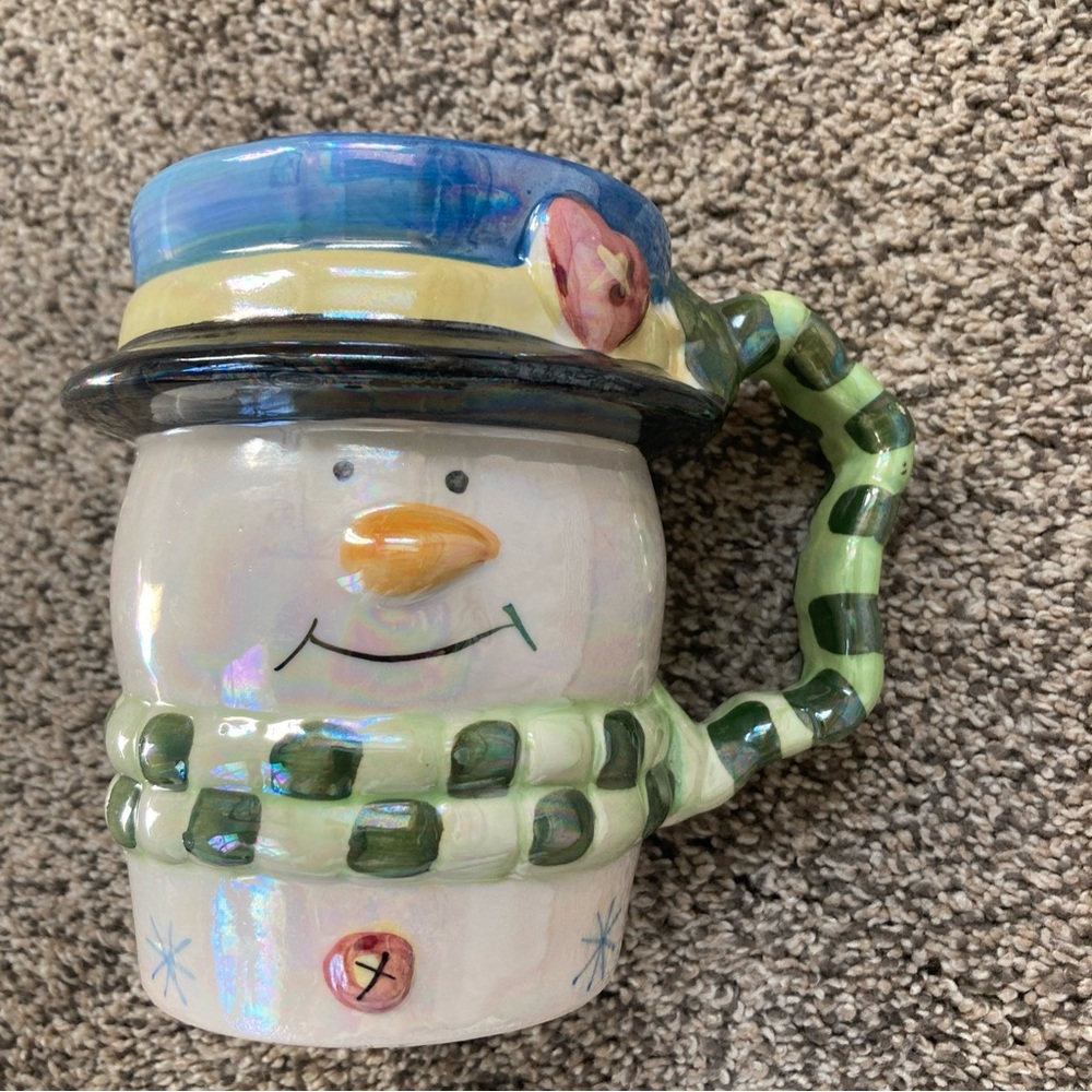 HERMITAGE POTTERY MUG Cheryl Schwier LTD ED Iridescent SNOWMAN 3.75"D 5” Tall